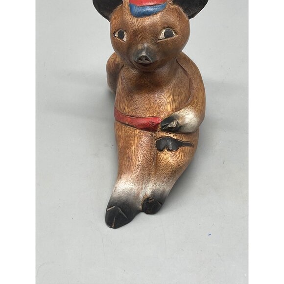 Wooden pig laying on back hat belt wood red black blue brown width 7X4.5" READ - Picture 2 of 5